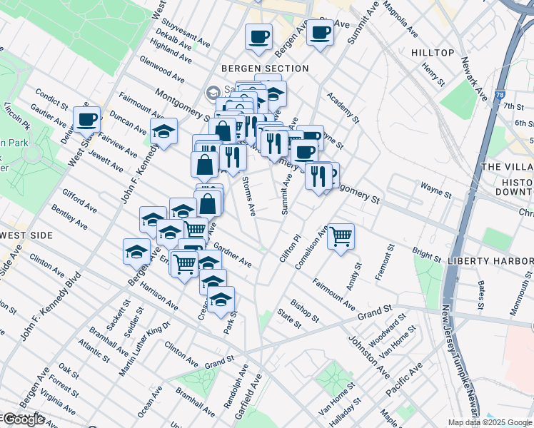map of restaurants, bars, coffee shops, grocery stores, and more near 20 Howard Place in Jersey City