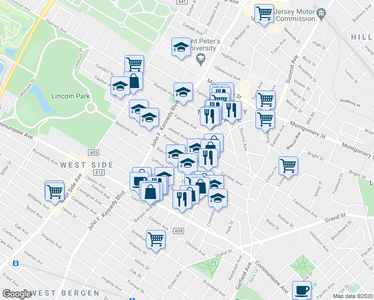 map of restaurants, bars, coffee shops, grocery stores, and more near 19 Kensington Avenue in Jersey City