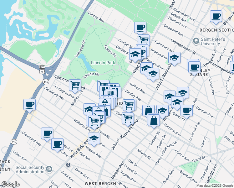 map of restaurants, bars, coffee shops, grocery stores, and more near in Jersey City