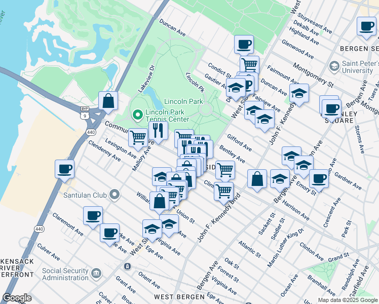 map of restaurants, bars, coffee shops, grocery stores, and more near 19 Delaware Avenue in Jersey City