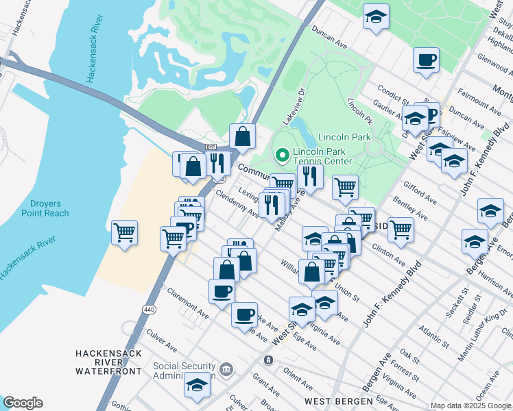 map of restaurants, bars, coffee shops, grocery stores, and more near 259 Lexington Avenue in Jersey City