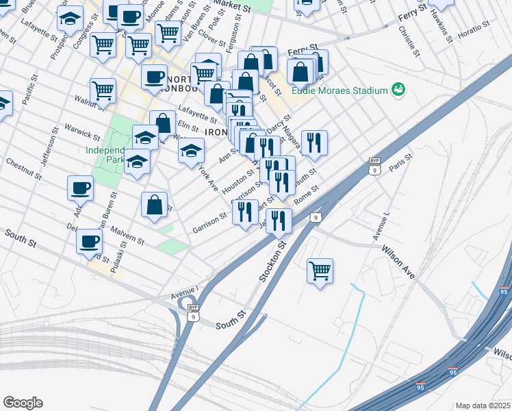 map of restaurants, bars, coffee shops, grocery stores, and more near 120 Gotthardt Street in Newark