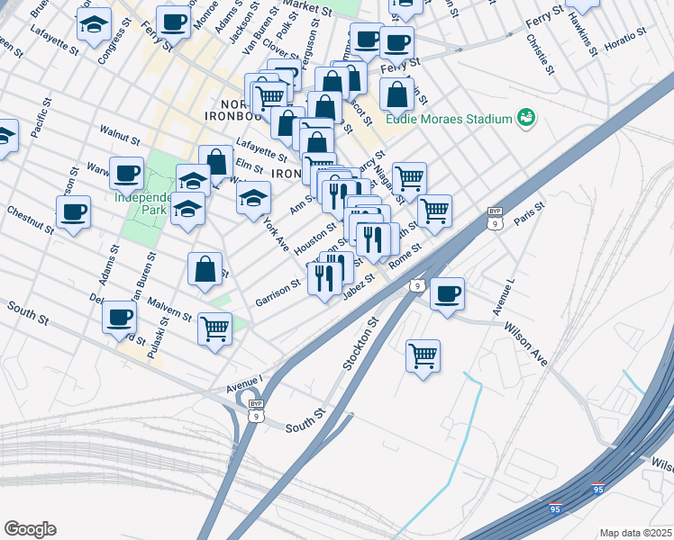 map of restaurants, bars, coffee shops, grocery stores, and more near 89 Garrison Street in Newark