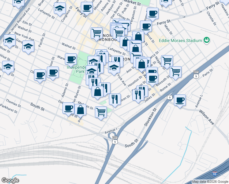 map of restaurants, bars, coffee shops, grocery stores, and more near 29 Napoleon Street in Newark