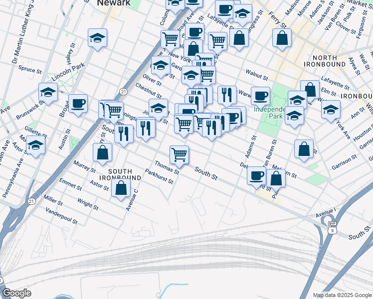 map of restaurants, bars, coffee shops, grocery stores, and more near 17 Calumet Street in Newark