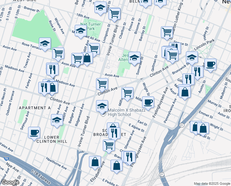 map of restaurants, bars, coffee shops, grocery stores, and more near 21 Milford Avenue in Newark