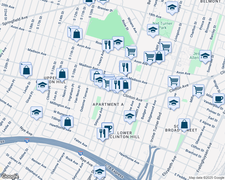 map of restaurants, bars, coffee shops, grocery stores, and more near in Newark