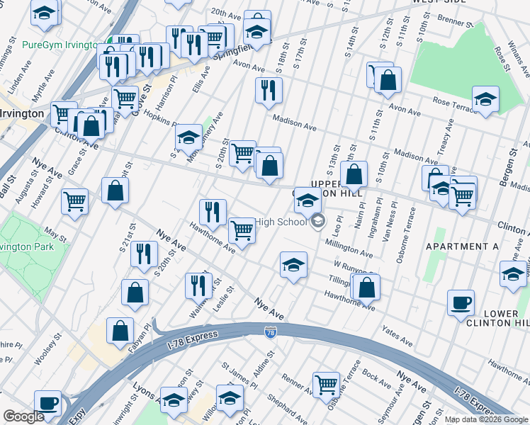 map of restaurants, bars, coffee shops, grocery stores, and more near 33-35 Leslie Street in Newark