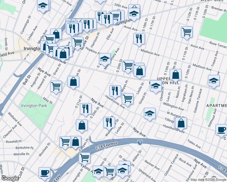 map of restaurants, bars, coffee shops, grocery stores, and more near 60 Beverly Street in Newark