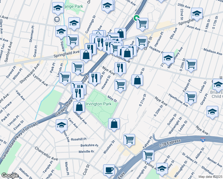 map of restaurants, bars, coffee shops, grocery stores, and more near 191 Maple Avenue in Irvington