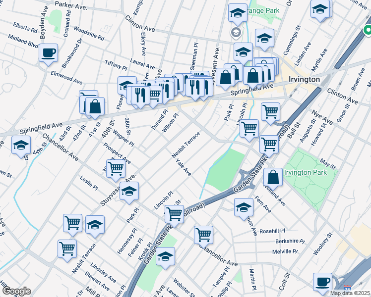 map of restaurants, bars, coffee shops, grocery stores, and more near 119 Nesbit Terrace in Irvington