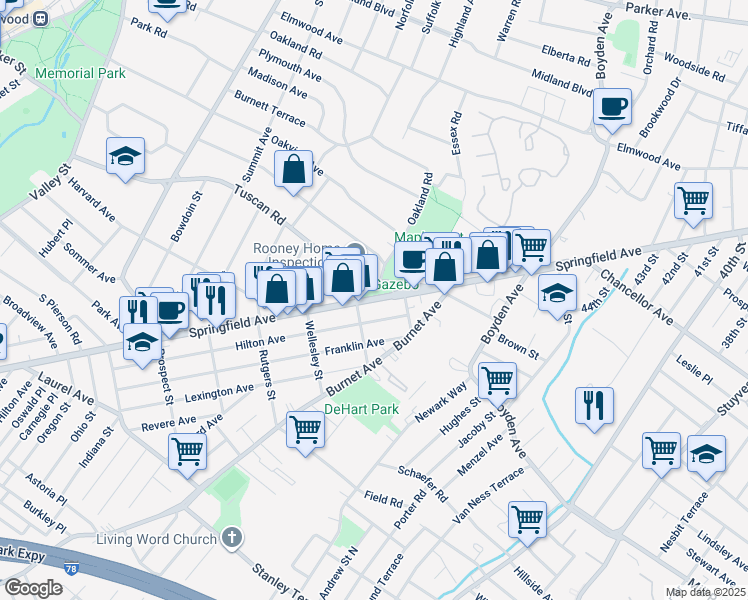 map of restaurants, bars, coffee shops, grocery stores, and more near 1677 Springfield Avenue in Maplewood