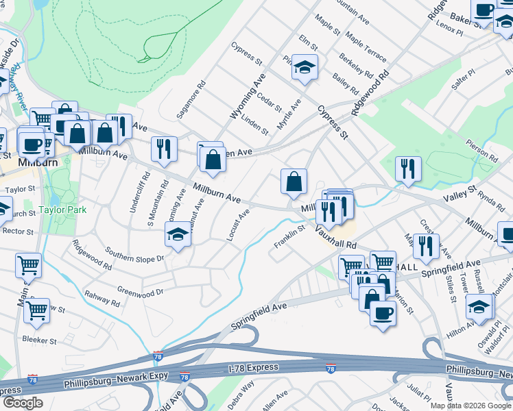 map of restaurants, bars, coffee shops, grocery stores, and more near 167 Millburn Avenue in Essex County