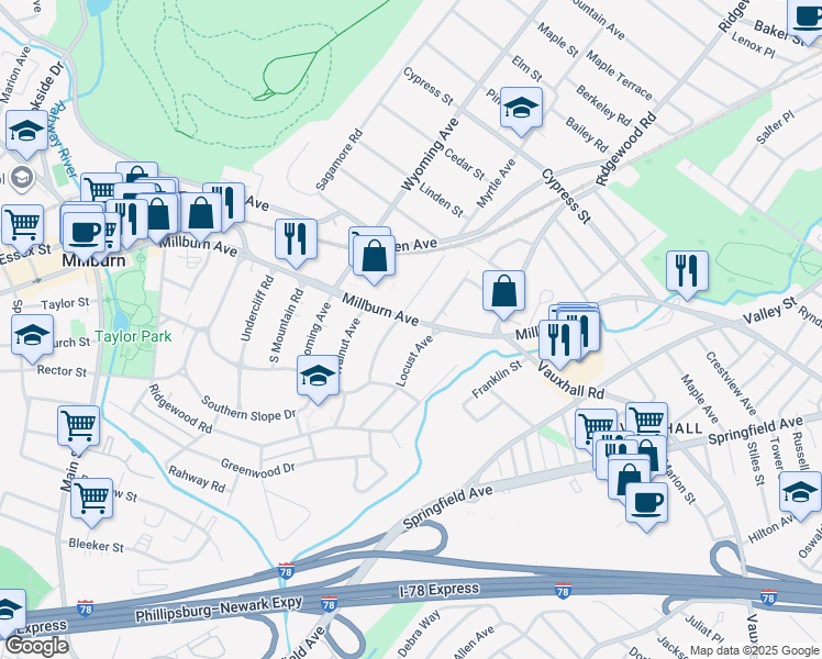 map of restaurants, bars, coffee shops, grocery stores, and more near 176 Millburn Avenue in Essex County
