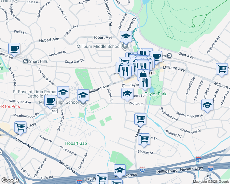 map of restaurants, bars, coffee shops, grocery stores, and more near 63 Church Street in Millburn