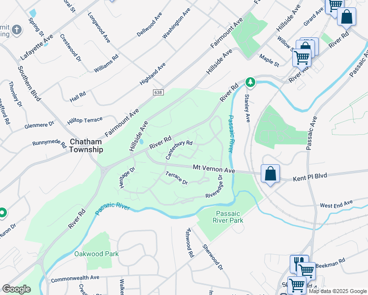 map of restaurants, bars, coffee shops, grocery stores, and more near 7 Canterbury Road in Chatham Township