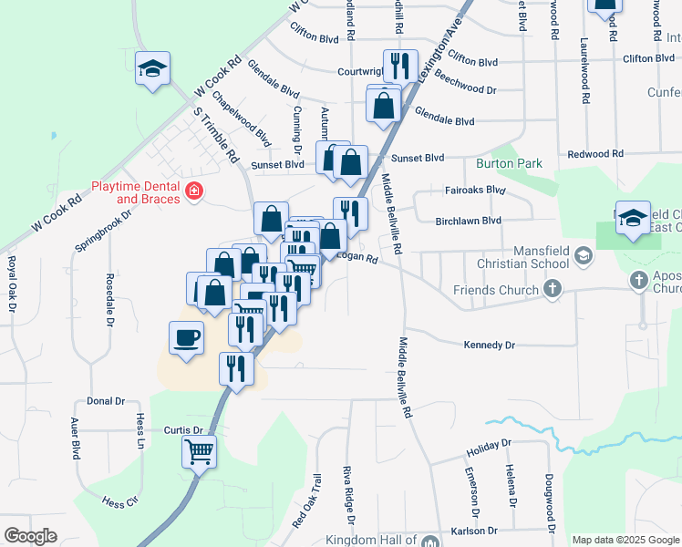 map of restaurants, bars, coffee shops, grocery stores, and more near 1344 Wilging Drive in Mansfield