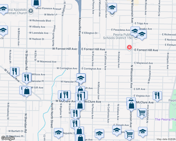 map of restaurants, bars, coffee shops, grocery stores, and more near 214 East Corrington Avenue in Peoria