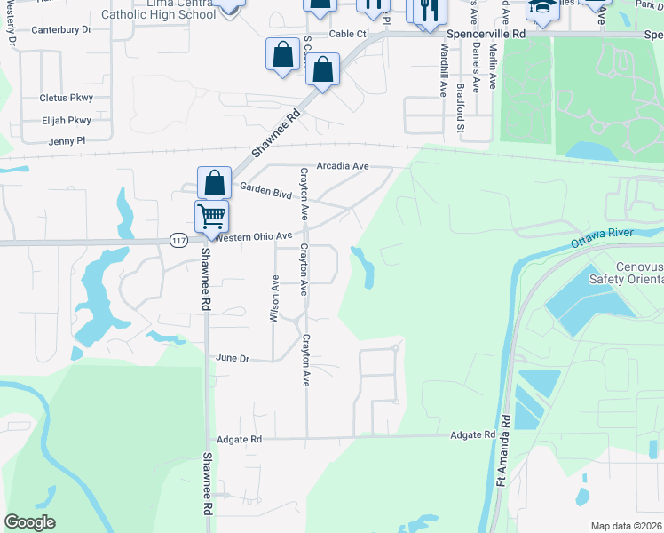 map of restaurants, bars, coffee shops, grocery stores, and more near 1040 Fulton Road in Lima