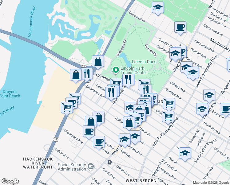 map of restaurants, bars, coffee shops, grocery stores, and more near 232 Lexington Avenue in Jersey City