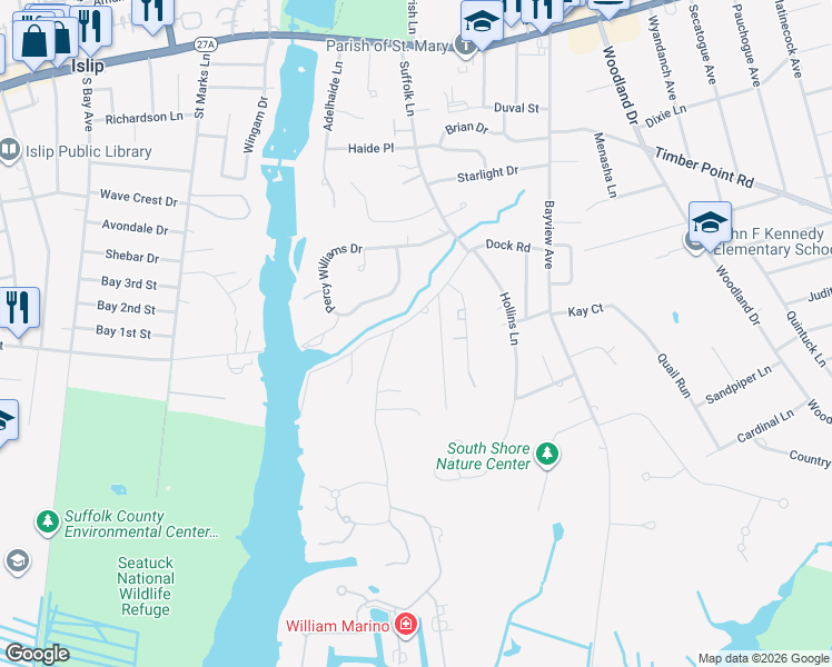 map of restaurants, bars, coffee shops, grocery stores, and more near 3 Meadowfarm Road in East Islip
