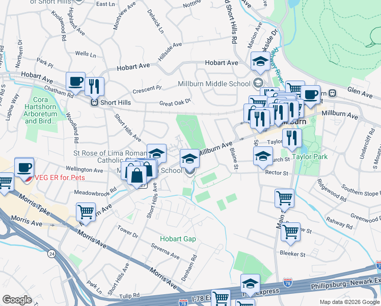 map of restaurants, bars, coffee shops, grocery stores, and more near 463 Millburn Avenue in Essex County