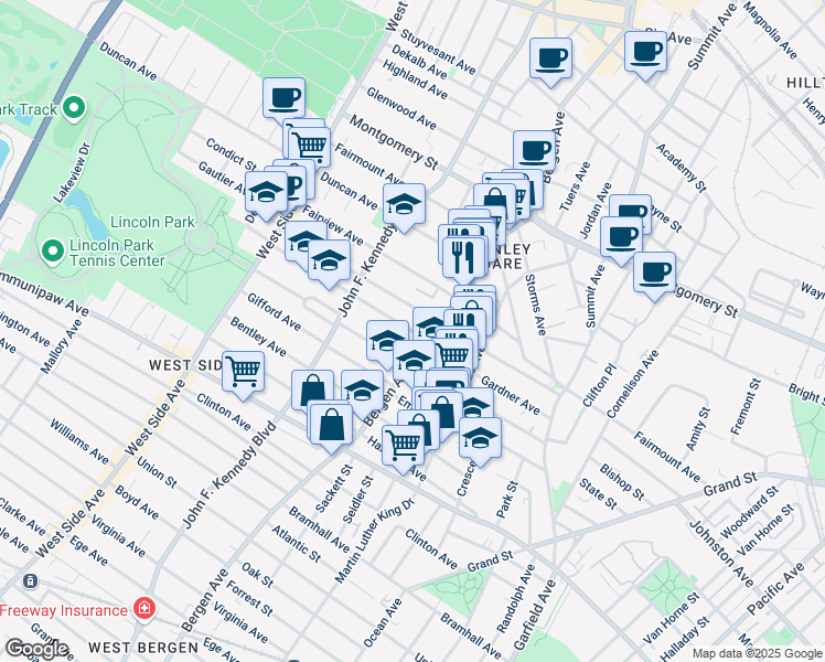 map of restaurants, bars, coffee shops, grocery stores, and more near 19 Kensington Avenue in Jersey City