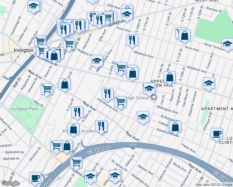 map of restaurants, bars, coffee shops, grocery stores, and more near 42 Fabyan Place in Newark