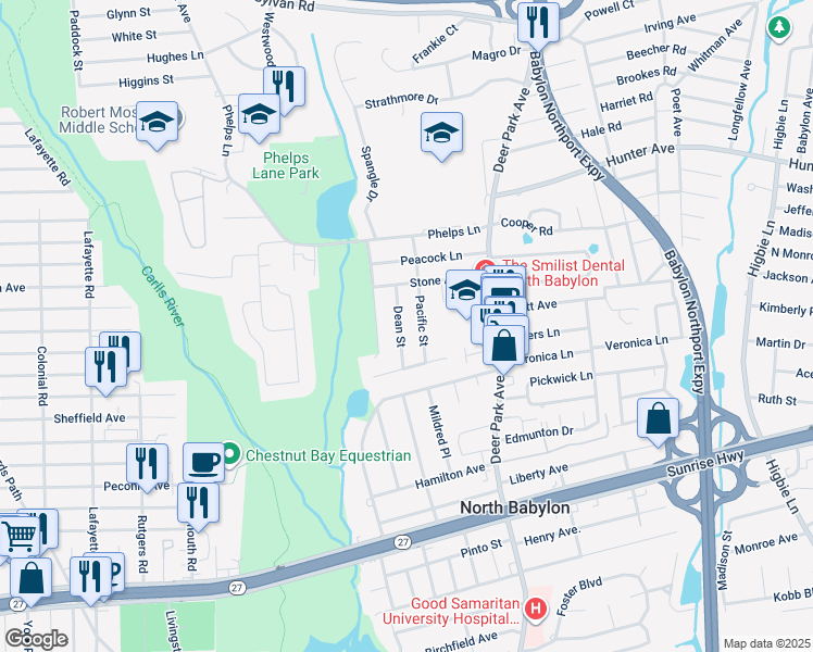 map of restaurants, bars, coffee shops, grocery stores, and more near 35 Dean Street in North Babylon
