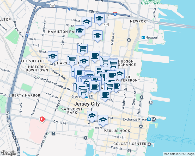 map of restaurants, bars, coffee shops, grocery stores, and more near 364 Marin Boulevard in Jersey City