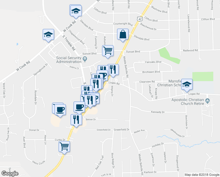 map of restaurants, bars, coffee shops, grocery stores, and more near 1344 Wilging Drive in Mansfield