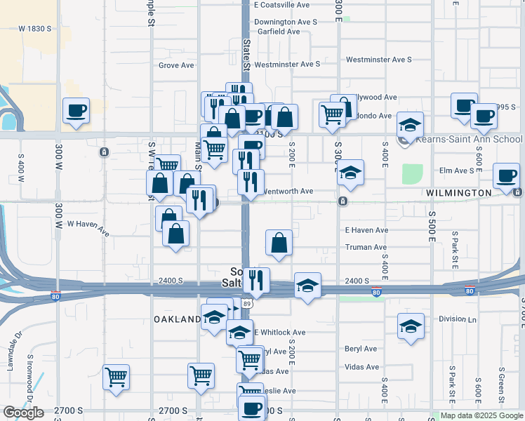 map of restaurants, bars, coffee shops, grocery stores, and more near 2265 South State Street in South Salt Lake