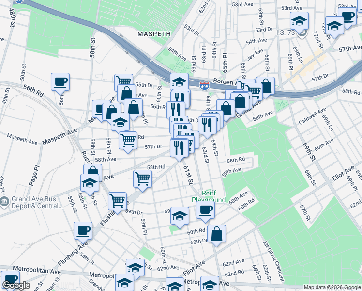 map of restaurants, bars, coffee shops, grocery stores, and more near 61-24 Grand Avenue in Queens