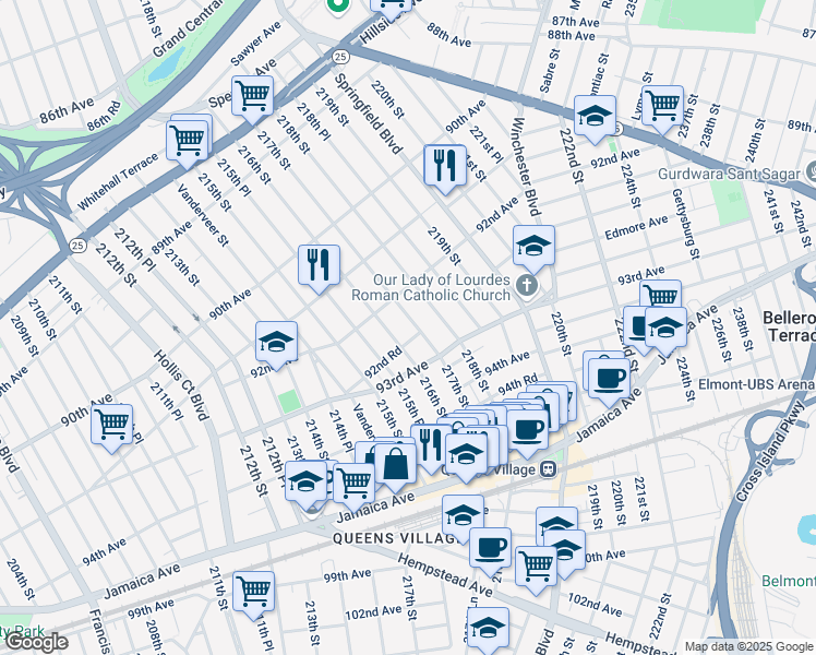 map of restaurants, bars, coffee shops, grocery stores, and more near 92-32 217th Street in Queens