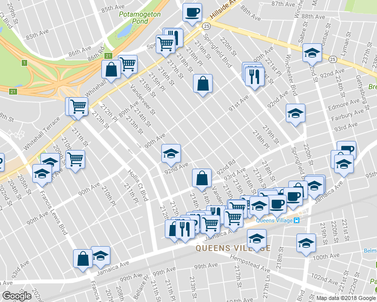 map of restaurants, bars, coffee shops, grocery stores, and more near 91-07 Vanderveer Street in Queens
