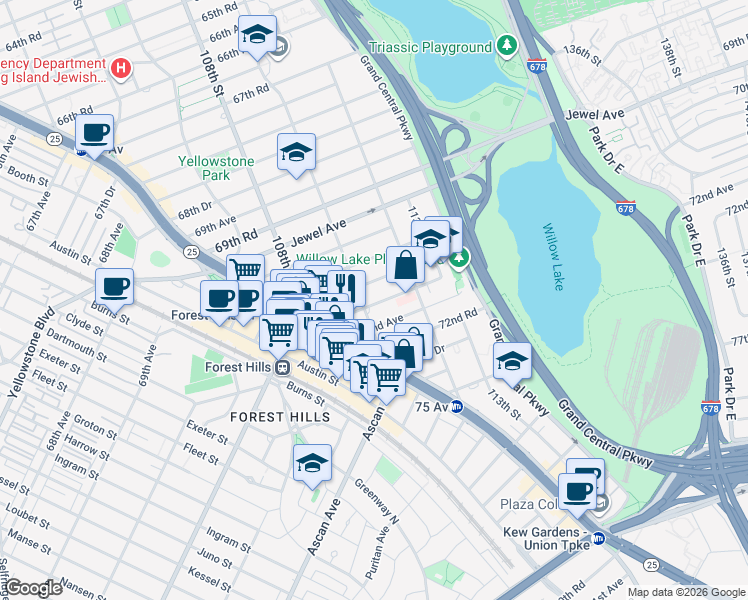 map of restaurants, bars, coffee shops, grocery stores, and more near 110-15 71st Road in Queens