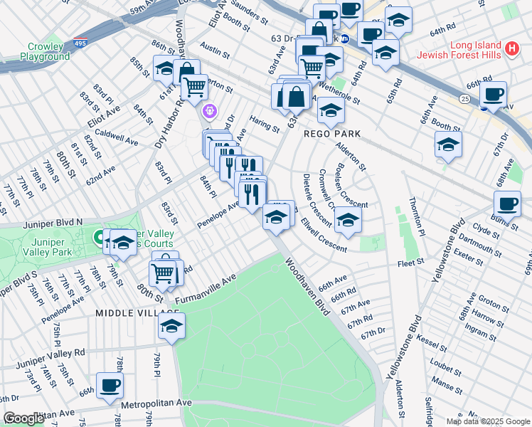 map of restaurants, bars, coffee shops, grocery stores, and more near 63-93 Woodhaven Boulevard in Queens