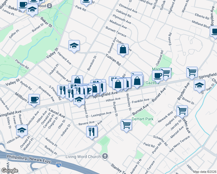 map of restaurants, bars, coffee shops, grocery stores, and more near 98 Harvard Avenue in Maplewood