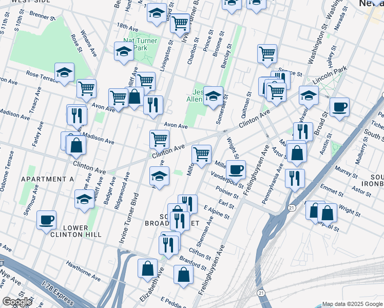 map of restaurants, bars, coffee shops, grocery stores, and more near 21 Milford Avenue in Newark