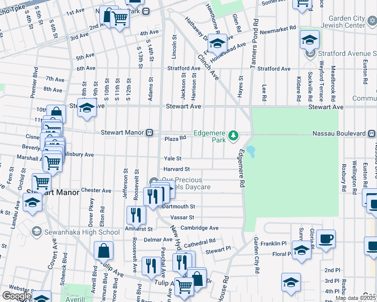 map of restaurants, bars, coffee shops, grocery stores, and more near 6 Harrison Street in Garden City