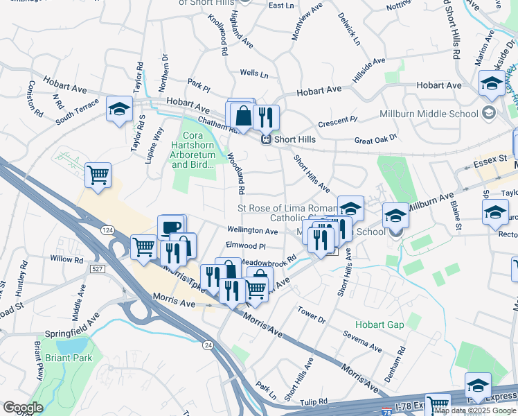 map of restaurants, bars, coffee shops, grocery stores, and more near 9 Pine Terrace West in Millburn