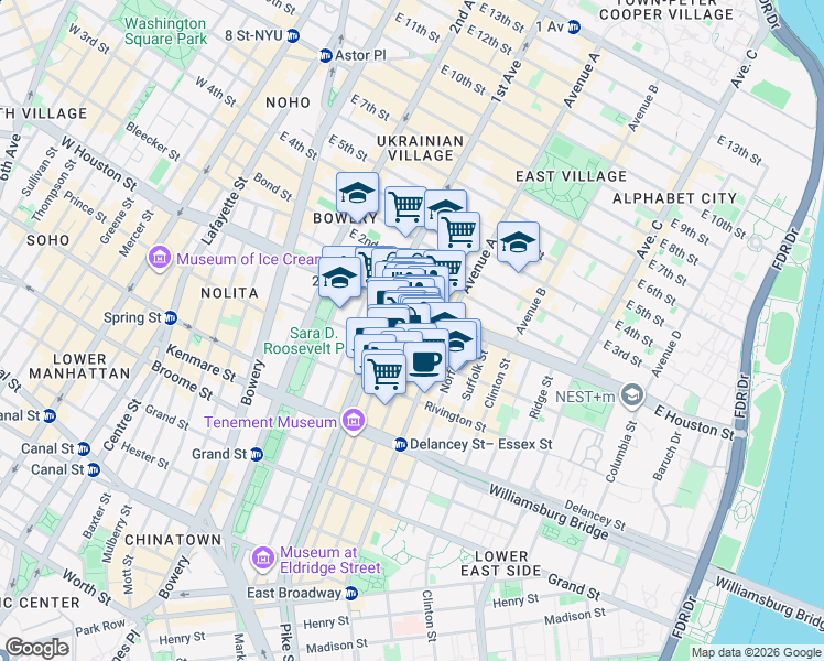 map of restaurants, bars, coffee shops, grocery stores, and more near in New York