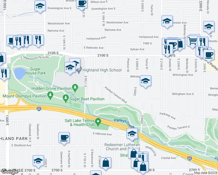 map of restaurants, bars, coffee shops, grocery stores, and more near 1831 Parleys Canyon Boulevard in Salt Lake City