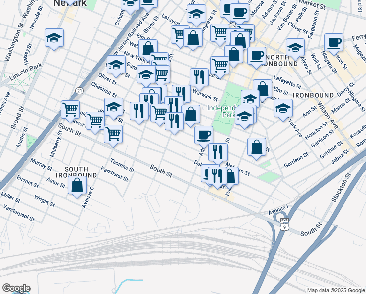map of restaurants, bars, coffee shops, grocery stores, and more near 75 Malvern Street in Newark
