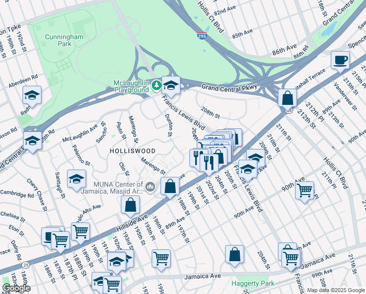 map of restaurants, bars, coffee shops, grocery stores, and more near 200-11 Pompeii Road in Queens