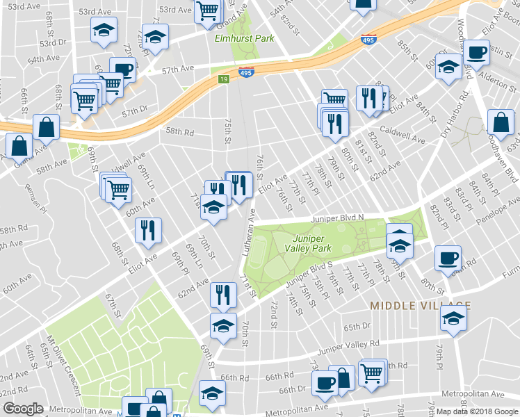 map of restaurants, bars, coffee shops, grocery stores, and more near 61-21 75th Street in Queens