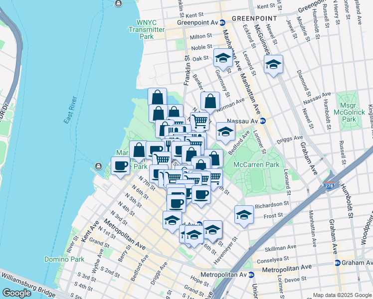 map of restaurants, bars, coffee shops, grocery stores, and more near 111 North 12th Street in Brooklyn