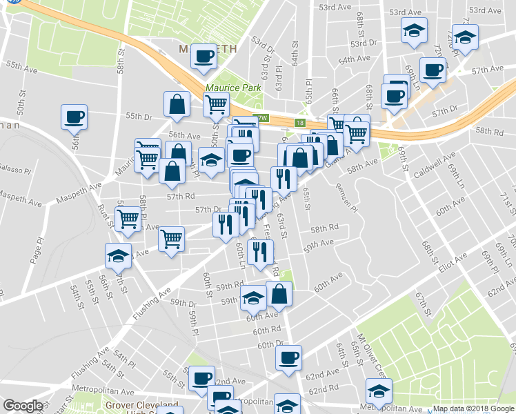 map of restaurants, bars, coffee shops, grocery stores, and more near 61-24 Grand Avenue in Queens
