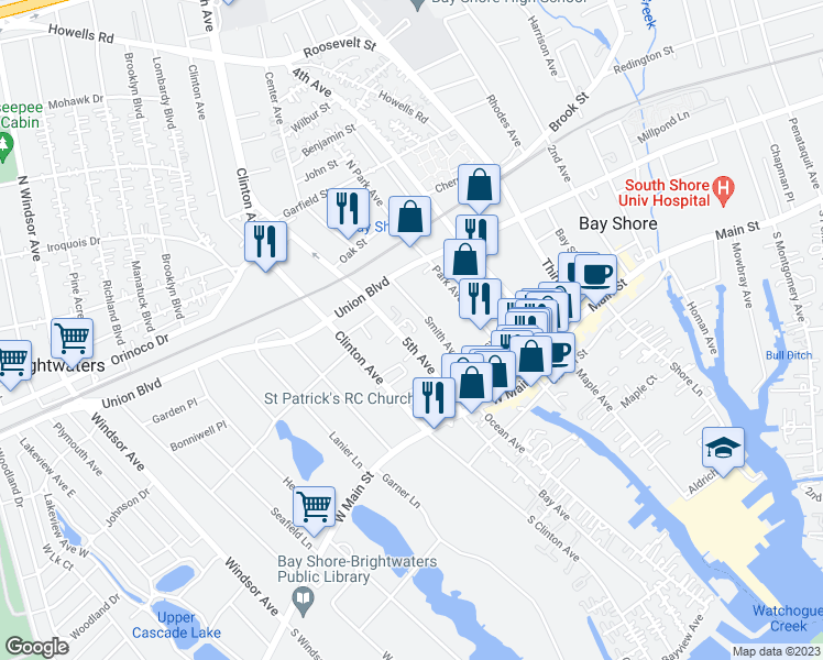 map of restaurants, bars, coffee shops, grocery stores, and more near 53 5th Avenue in Bay Shore