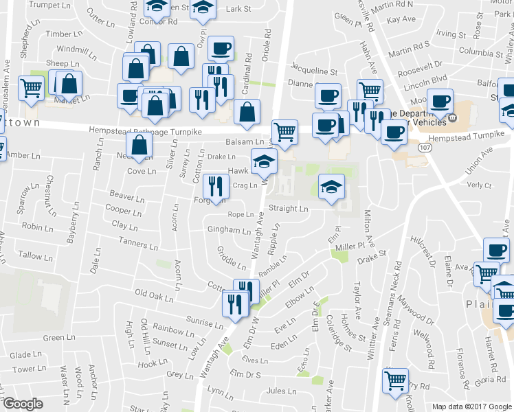 map of restaurants, bars, coffee shops, grocery stores, and more near 64 Wantagh Avenue in Levittown